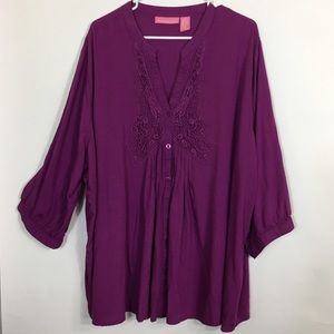 Pintucked Front Tunic Top 3X Purple Crochet Trim